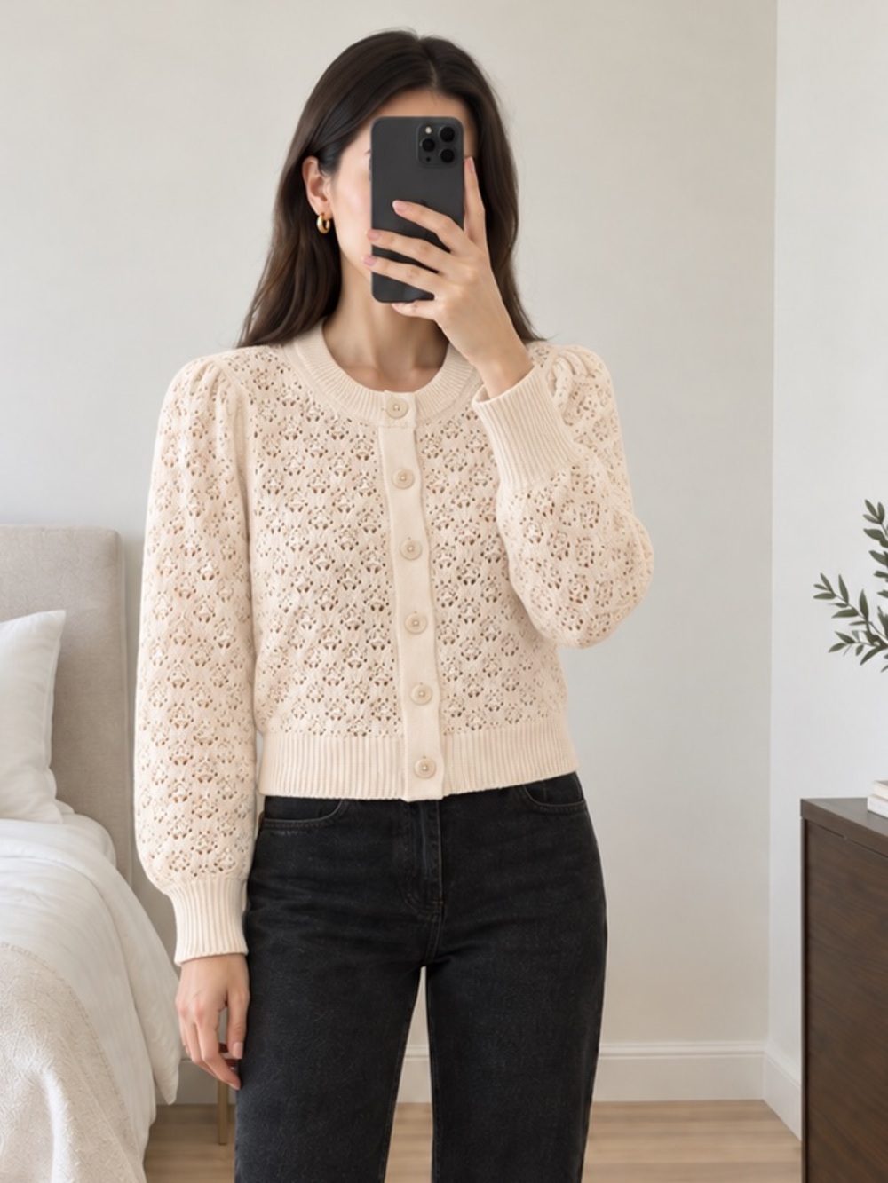 Magaschoni Cream Openwork Cotton Knit Button Cardigan Size S NWOT